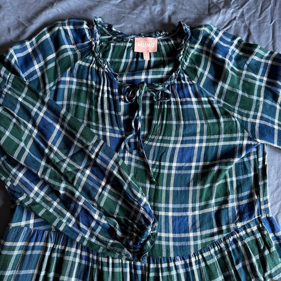 Show Me Your Mumu Ainsley Blue and Green Fall Plaid Tunic Mini Dress, size Large - Picture 7 of 9